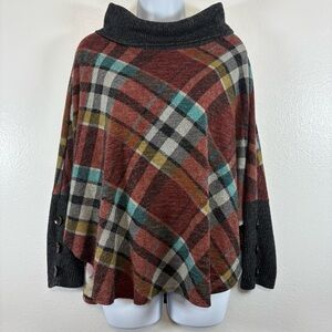 Chris & Carol Multicolor Plaid Cowl Neck Artsy Boho Lagenloom Poncho Sweater 2XL